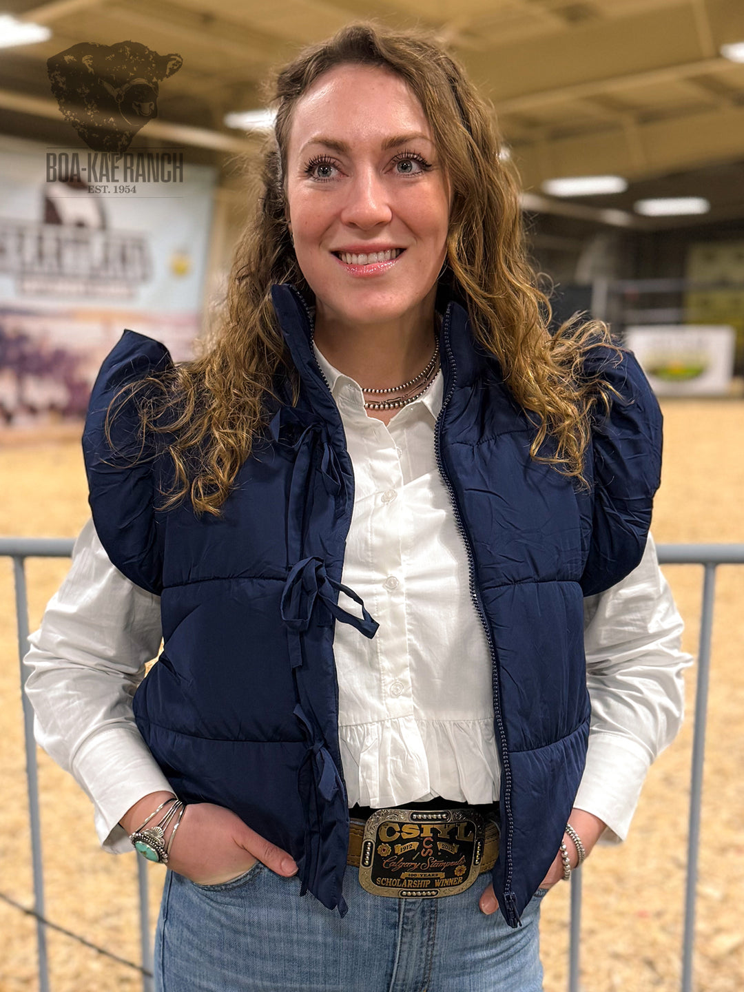 Flutter Sleeve Bow Detail Puffer Vest - Navy