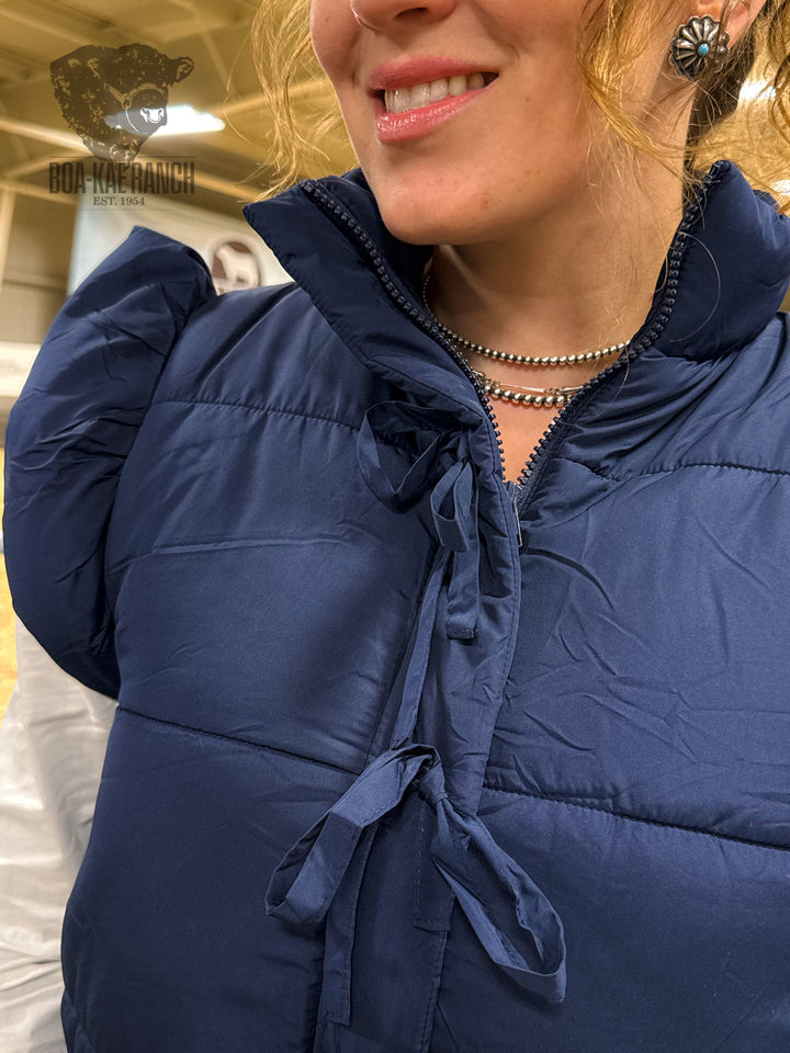 Flutter Sleeve Bow Detail Puffer Vest - Navy
