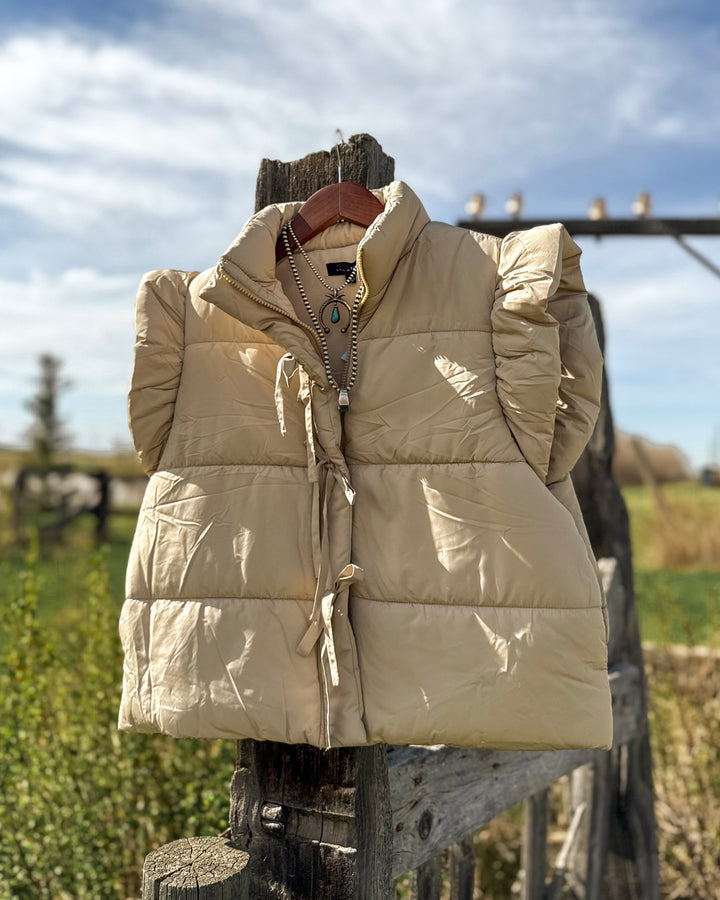 Flutter Sleeve Bow Detail Puffer Vest - Light Khaki