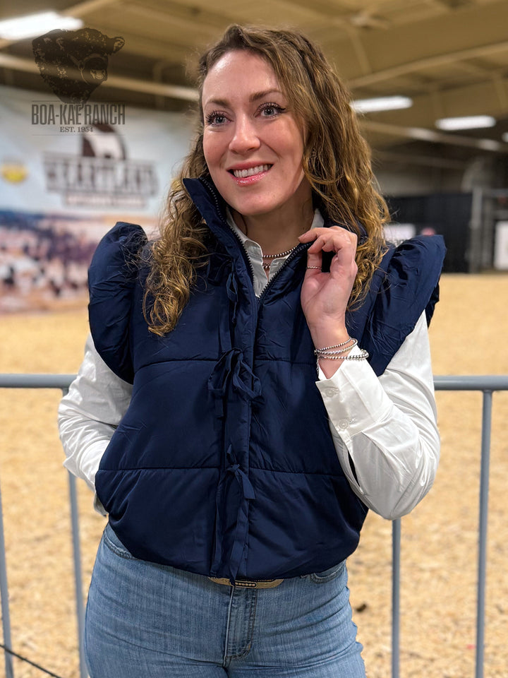 Flutter Sleeve Bow Detail Puffer Vest - Navy