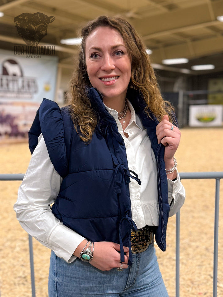 Flutter Sleeve Bow Detail Puffer Vest - Navy