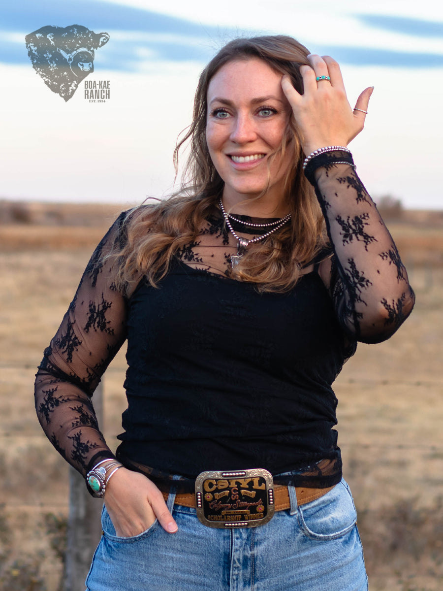 Lace Long Sleeve Top - Black & Chocolate Brown