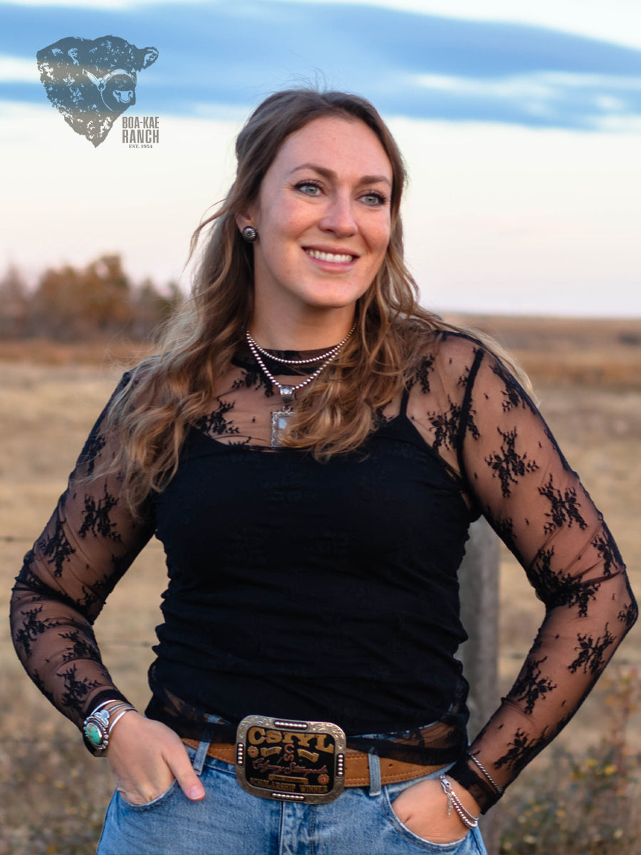 Lace Long Sleeve Top - Black & Chocolate Brown