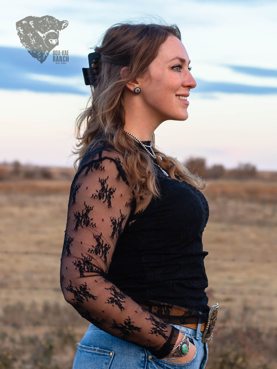 Lace Long Sleeve Top - Black & Chocolate Brown