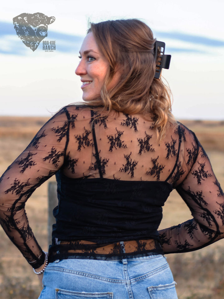 Lace Long Sleeve Top - Black & Chocolate Brown