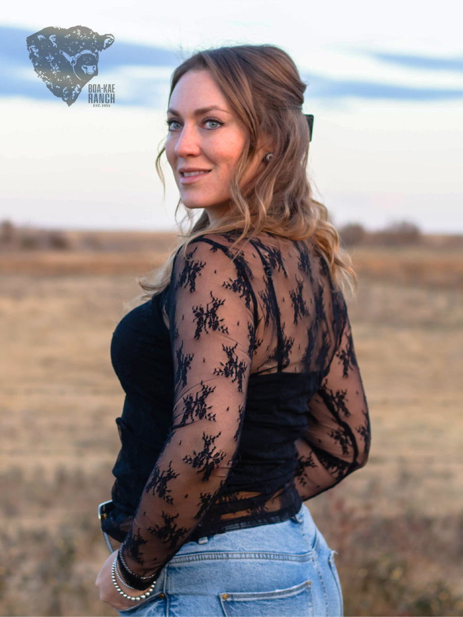 Lace Long Sleeve Top - Black & Chocolate Brown