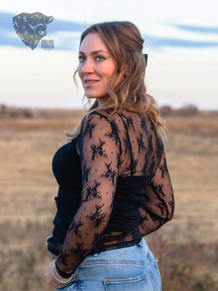 Lace Long Sleeve Top - Black & Chocolate Brown