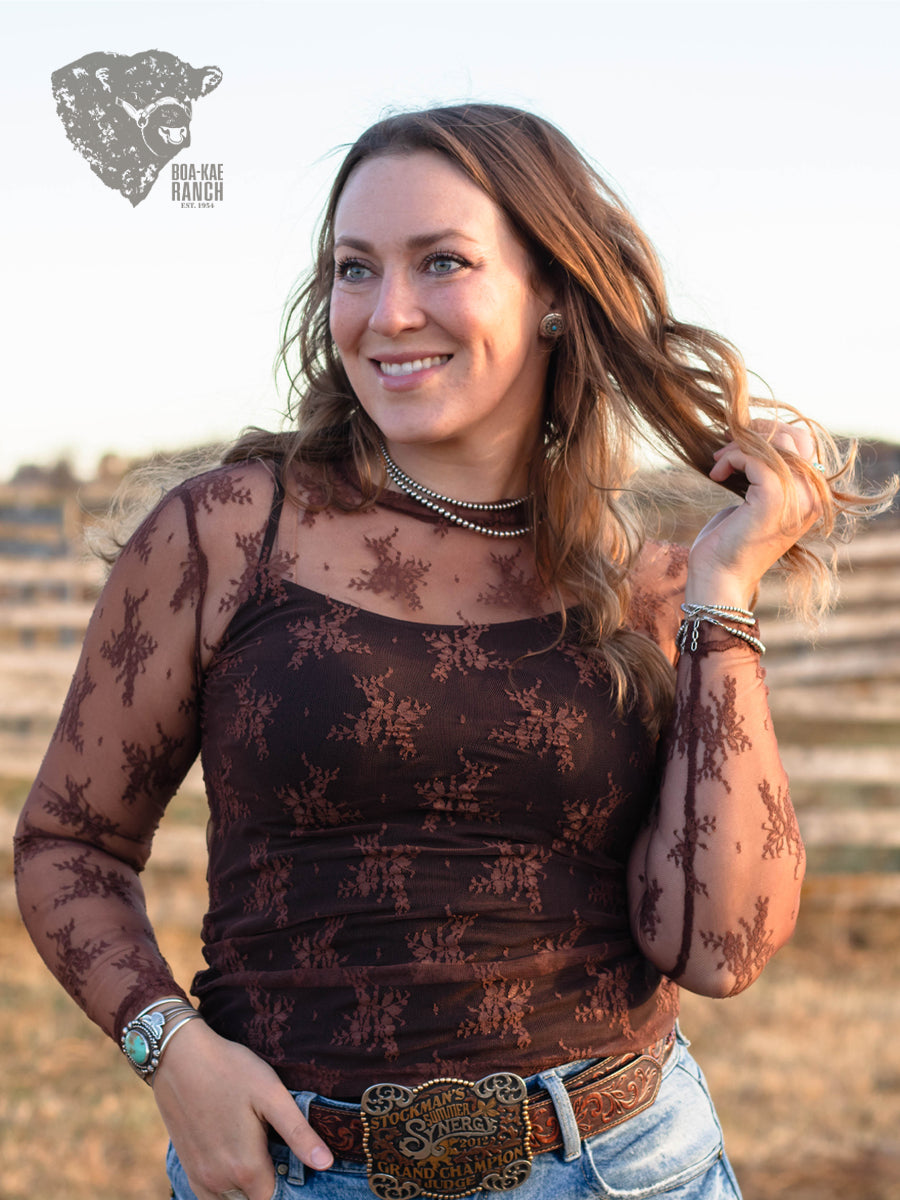 Lace Long Sleeve Top - Black & Chocolate Brown