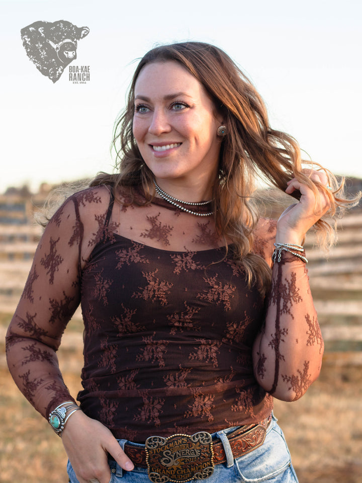 Lace Long Sleeve Top - Black & Chocolate Brown