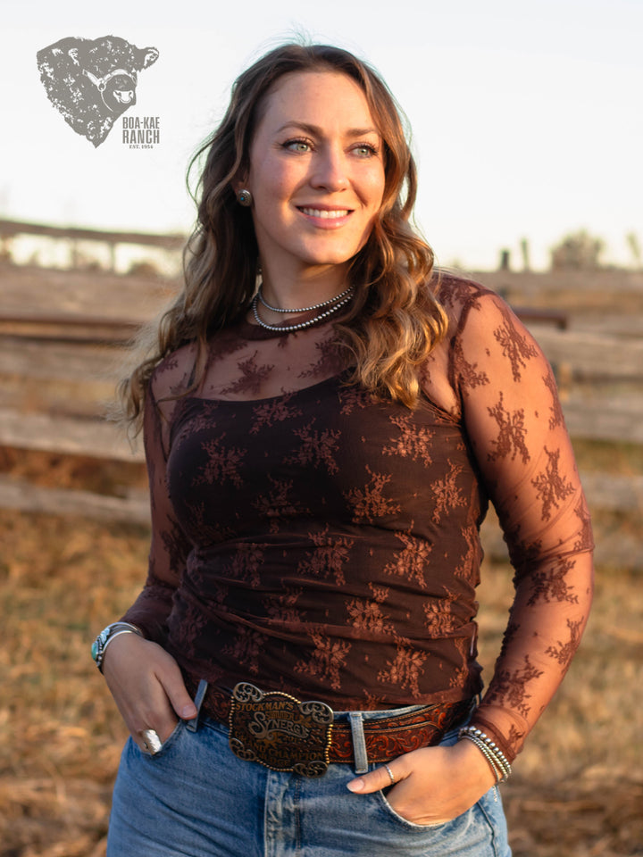 Lace Long Sleeve Top - Black & Chocolate Brown