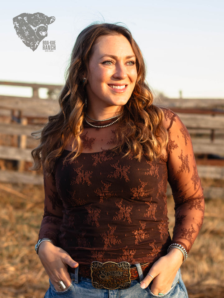 Lace Long Sleeve Top - Black & Chocolate Brown