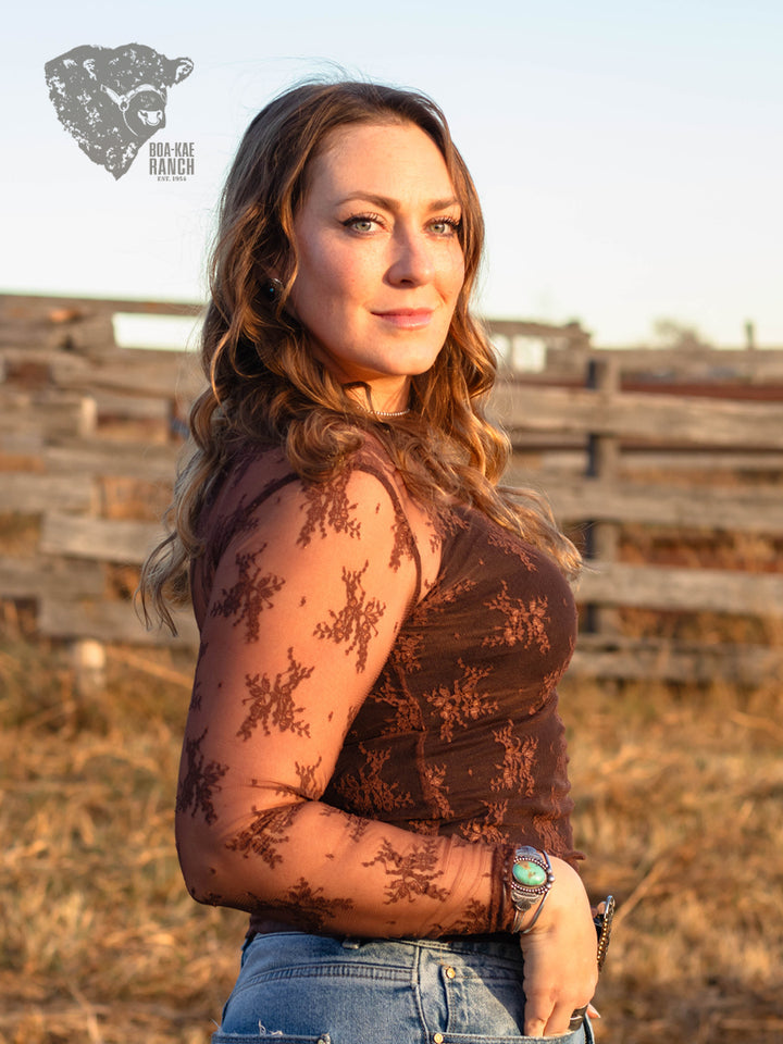 Lace Long Sleeve Top - Black & Chocolate Brown