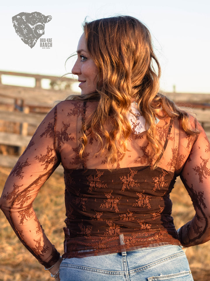 Lace Long Sleeve Top - Black & Chocolate Brown