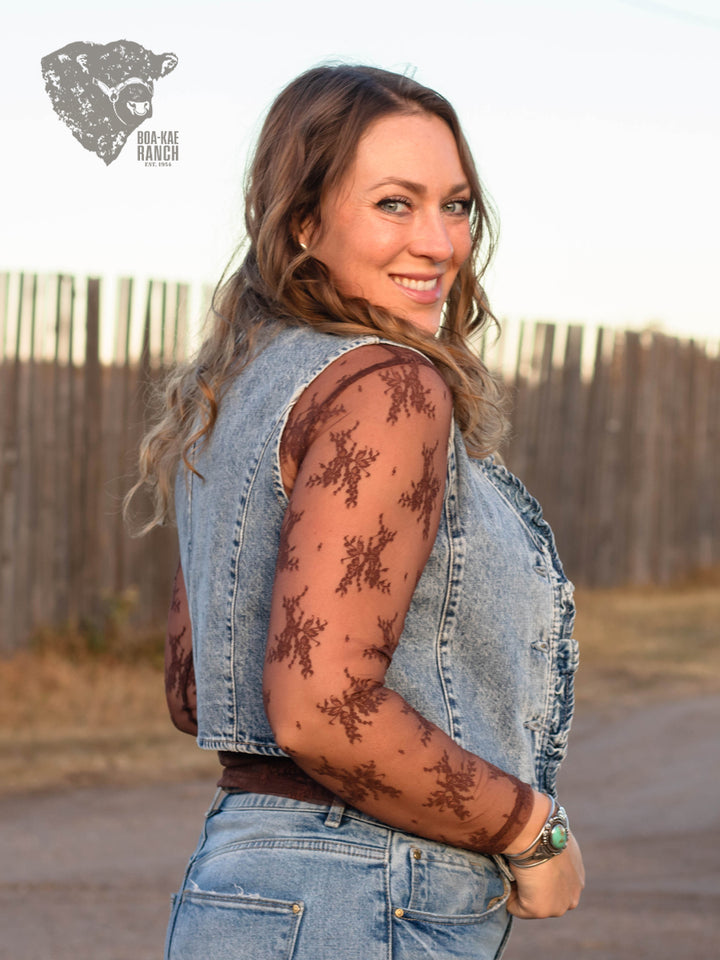 Lace Long Sleeve Top - Black & Chocolate Brown