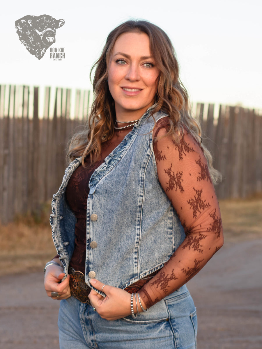 Lace Long Sleeve Top - Black & Chocolate Brown