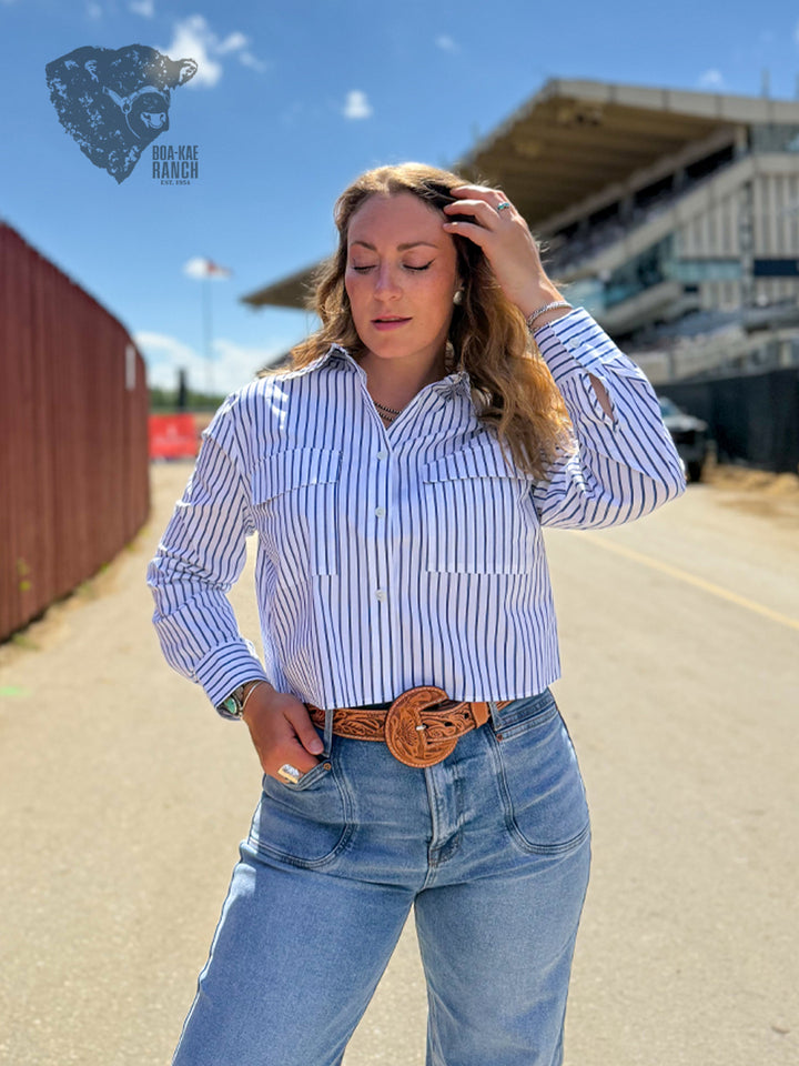Pinstripe Cropped Shirt - Blue