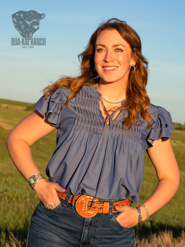 Denim Blue Pin Tuck Blouse
