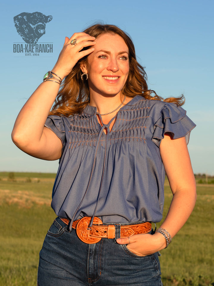 Denim Blue Pin Tuck Blouse