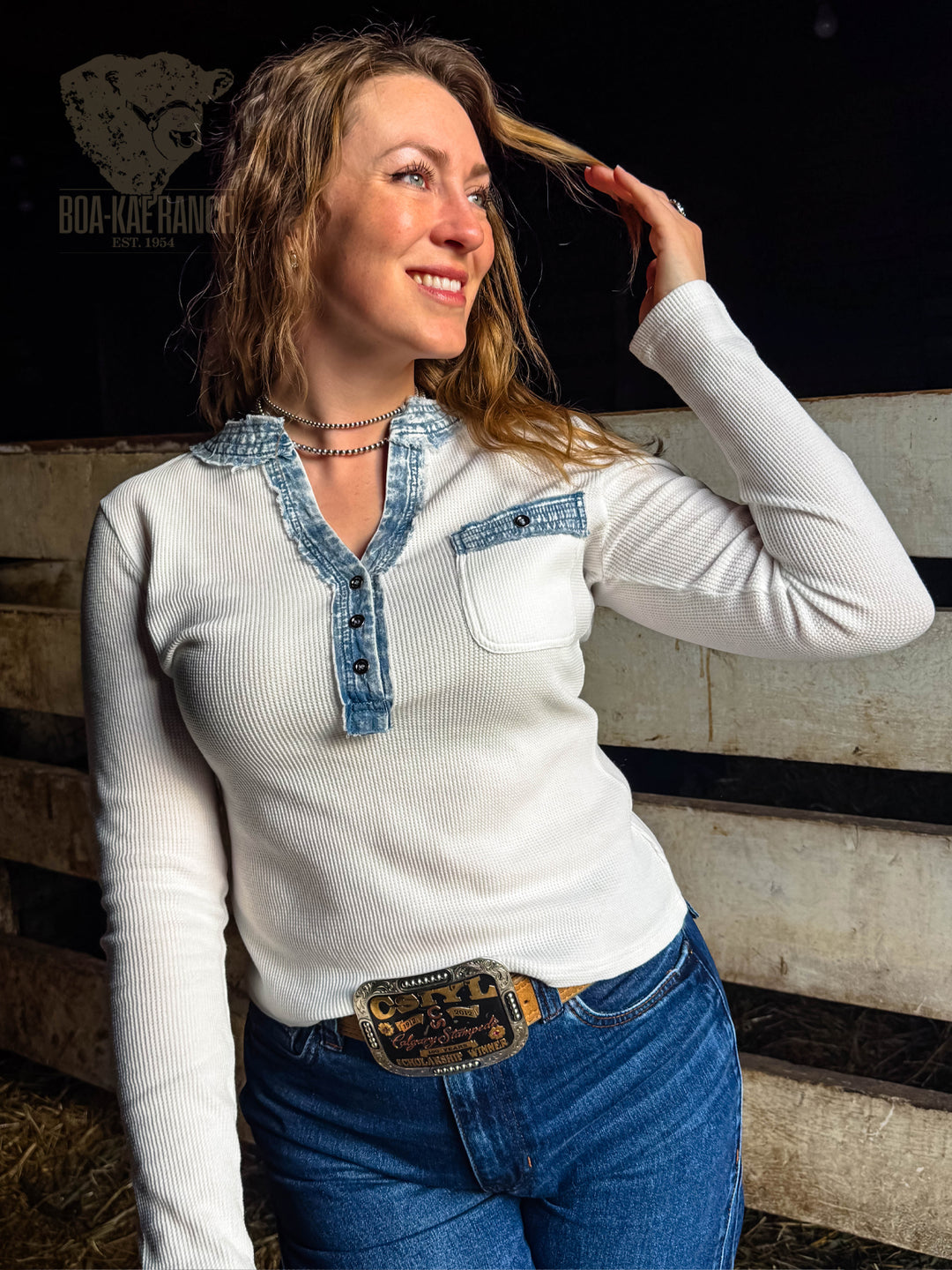 Spring Skies Denim Trim Waffle Henley