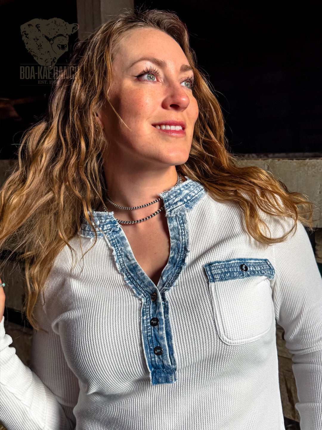 Spring Skies Denim Trim Waffle Henley