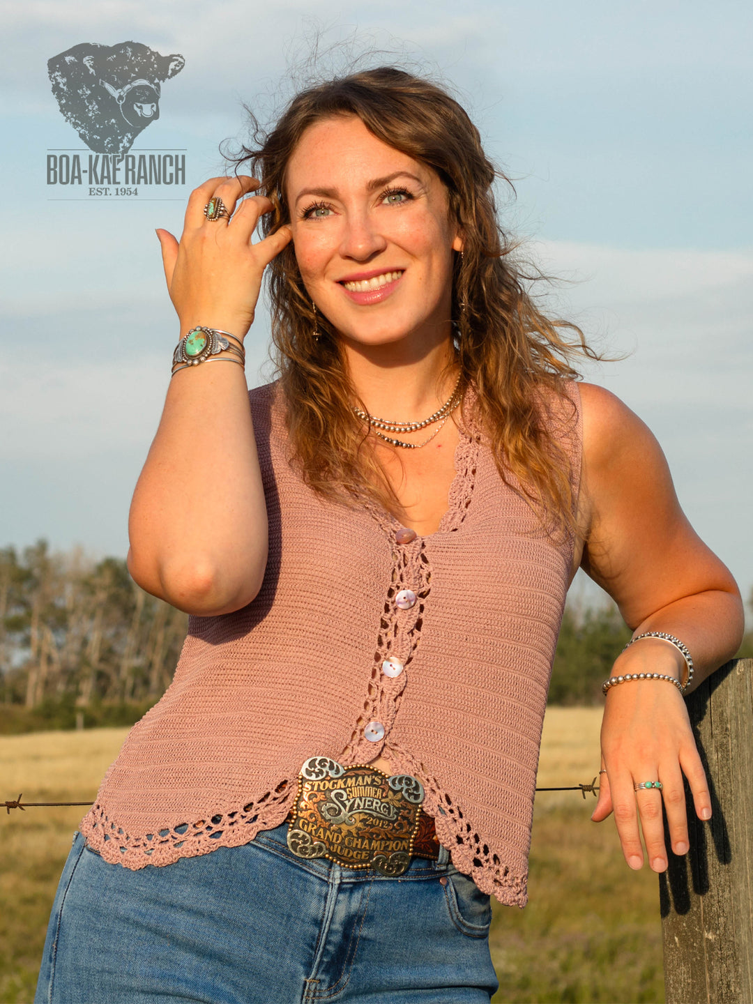 Dried Rose Crochet Trim Button Up Vest