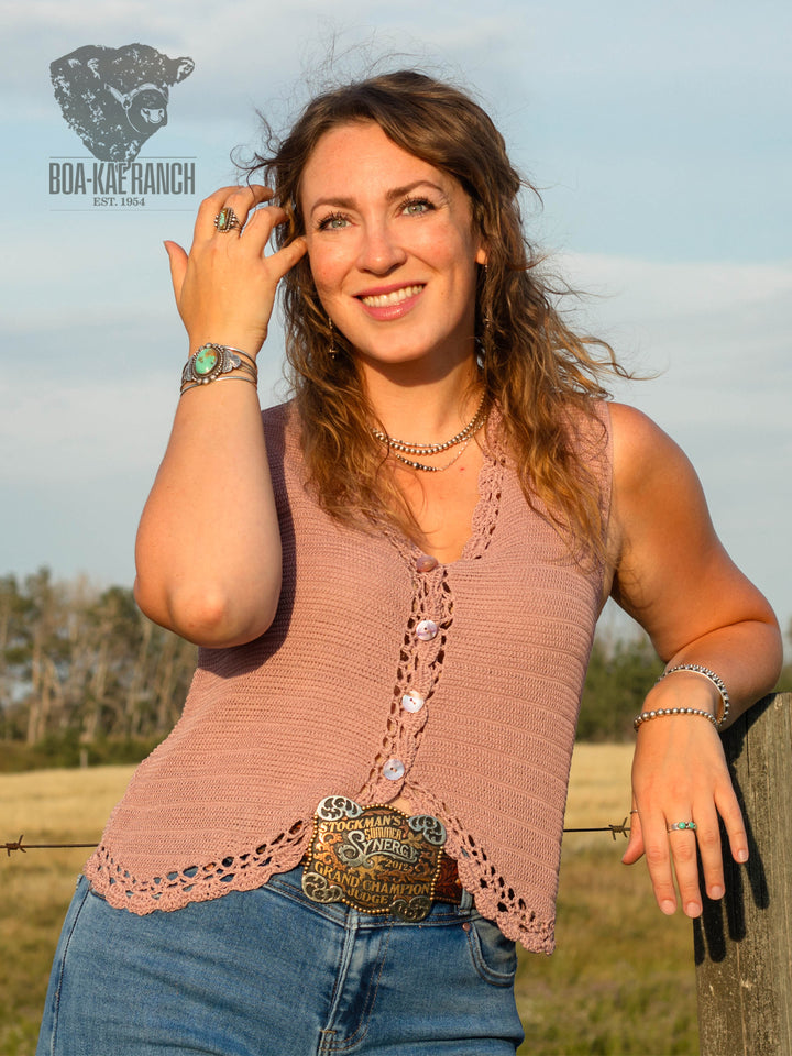 Dried Rose Crochet Trim Button Up Vest