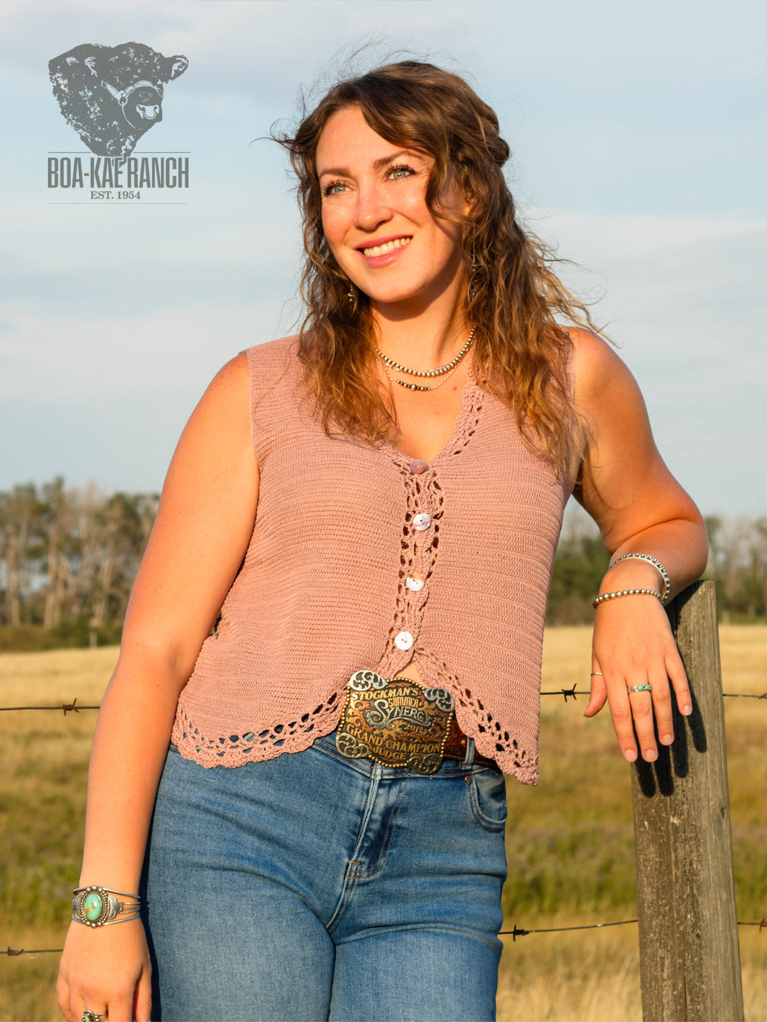 Dried Rose Crochet Trim Button Up Vest