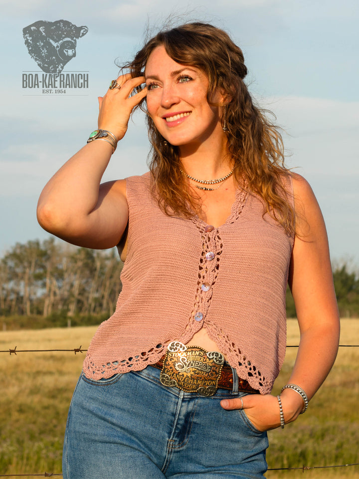 Dried Rose Crochet Trim Button Up Vest