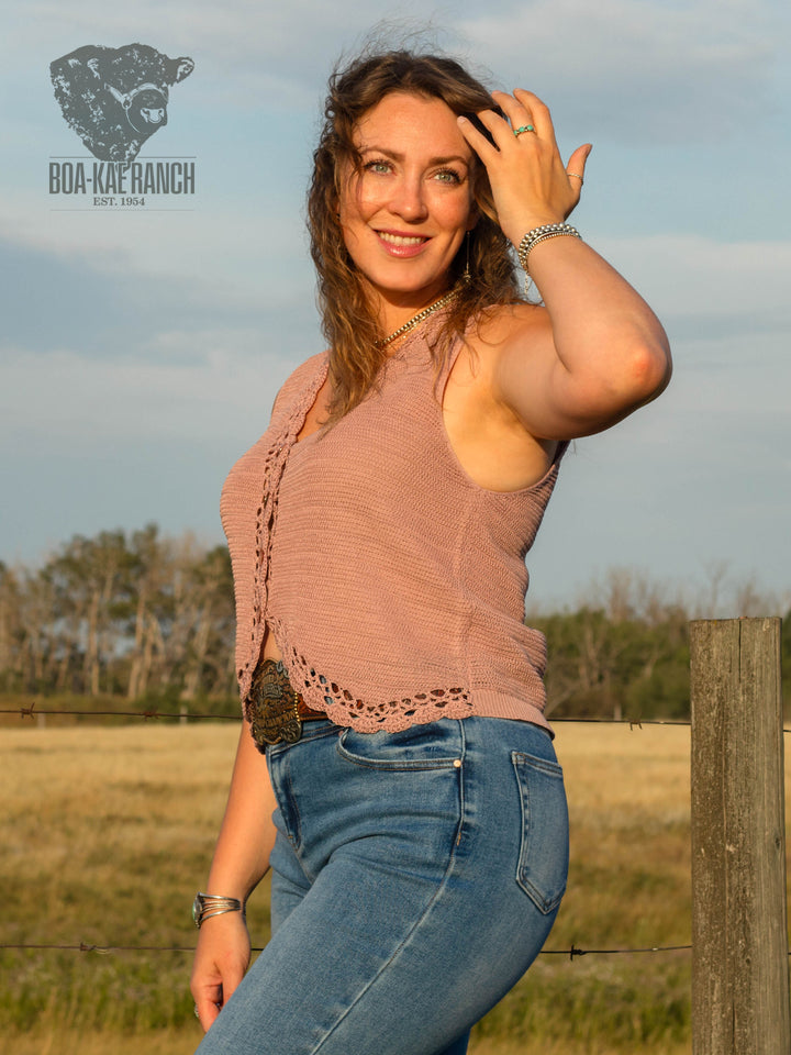 Dried Rose Crochet Trim Button Up Vest