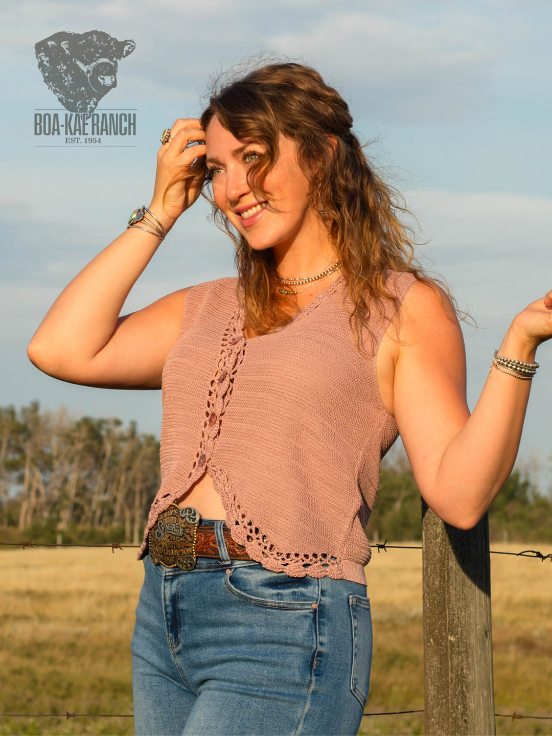 Dried Rose Crochet Trim Button Up Vest