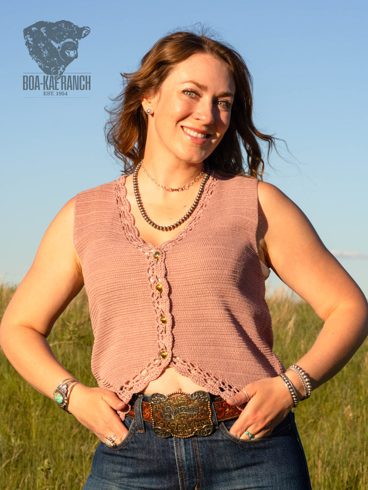 Dried Rose Crochet Trim Button Up Vest