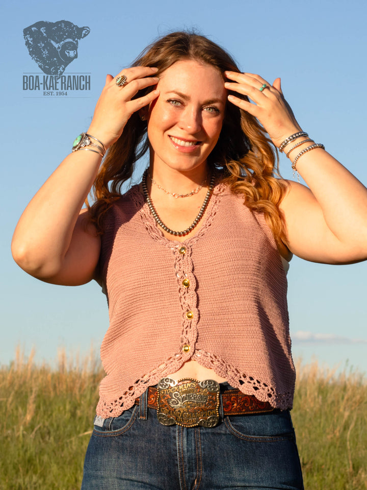 Dried Rose Crochet Trim Button Up Vest