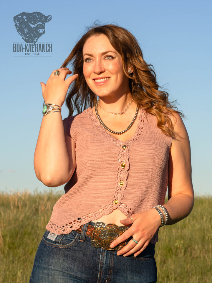Dried Rose Crochet Trim Button Up Vest