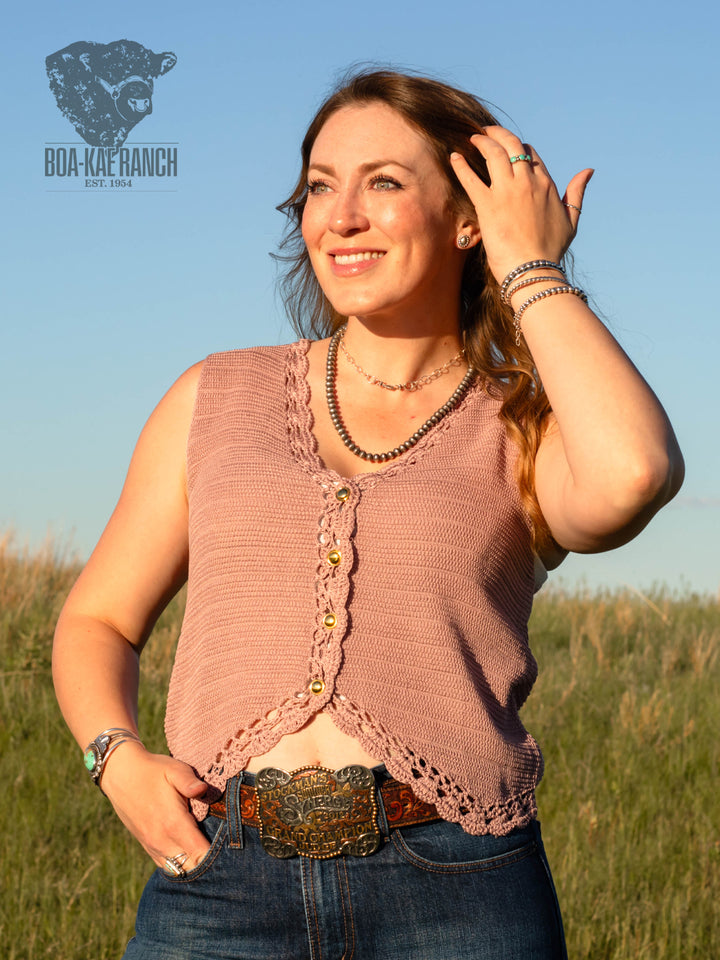 Dried Rose Crochet Trim Button Up Vest