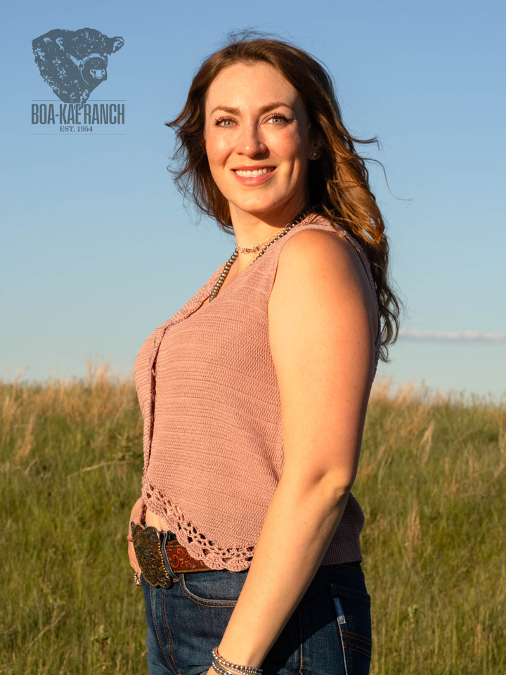 Dried Rose Crochet Trim Button Up Vest