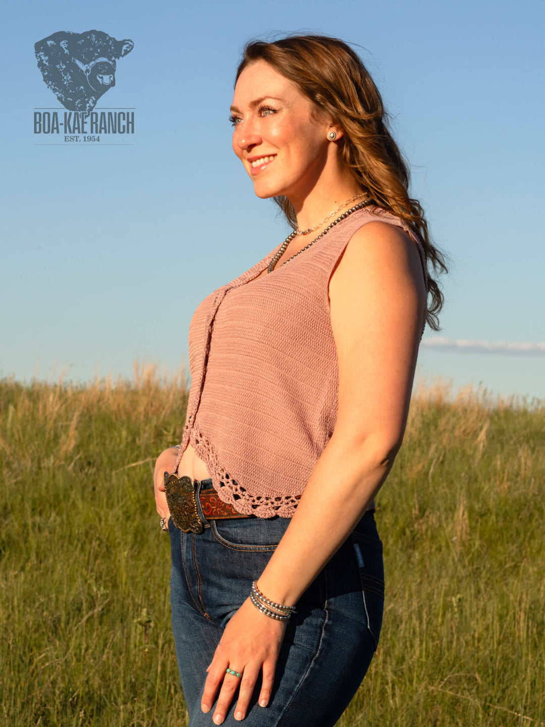 Dried Rose Crochet Trim Button Up Vest