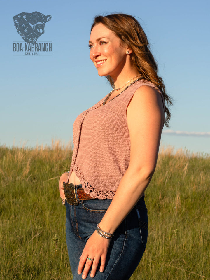 Dried Rose Crochet Trim Button Up Vest