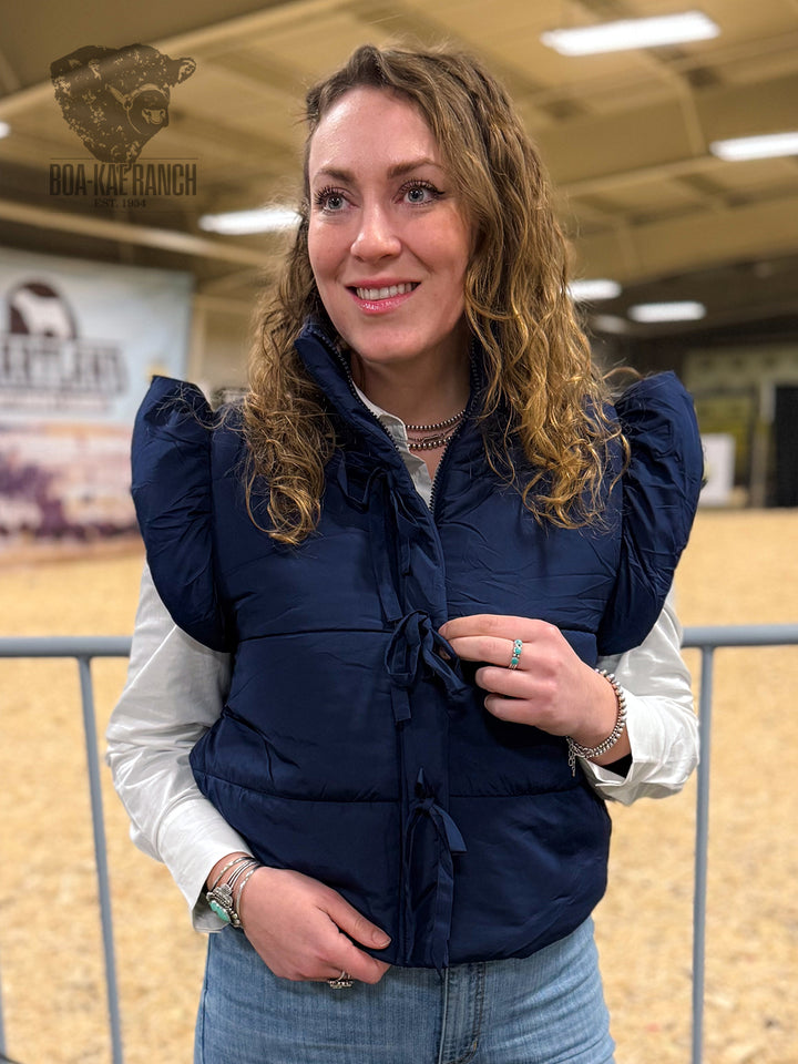 Flutter Sleeve Bow Detail Puffer Vest - Navy