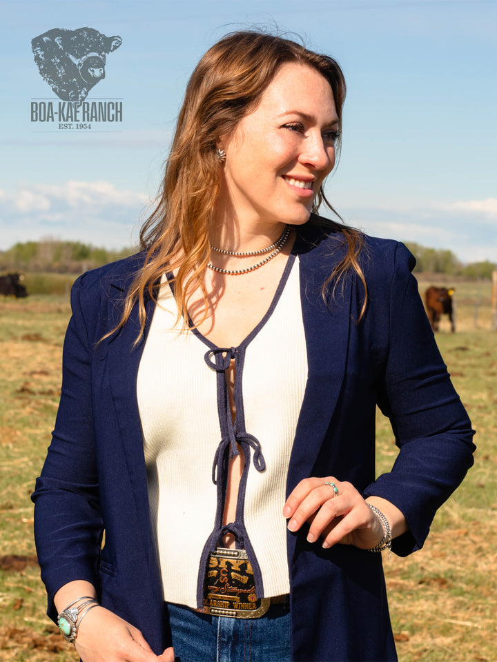 Navy & Neutral Front Tie V-Neck Vest