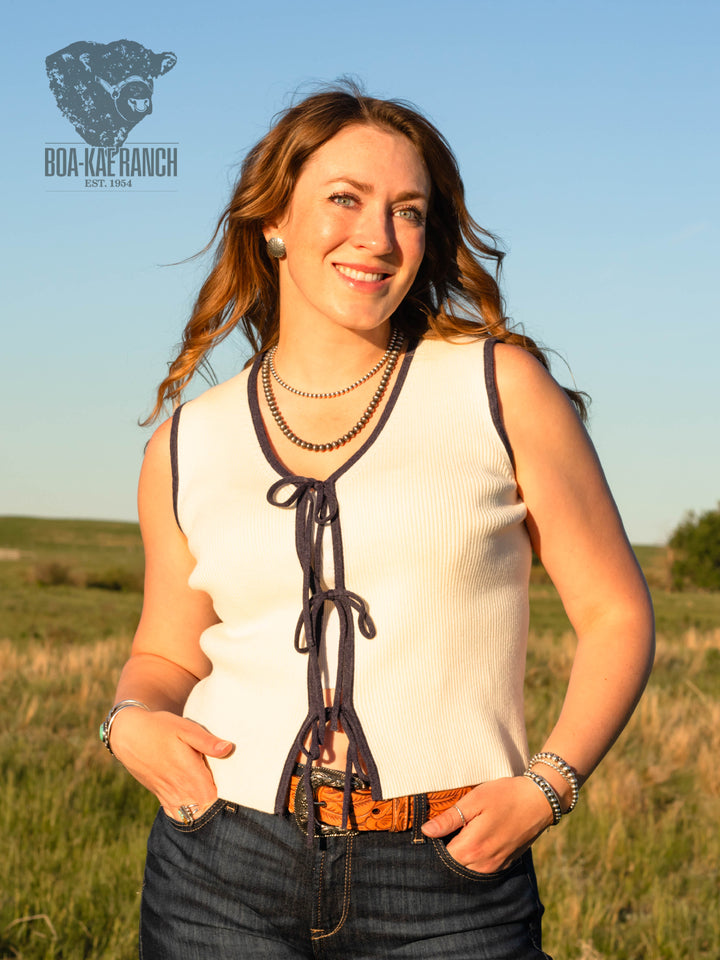 Navy & Neutral Front Tie V-Neck Vest