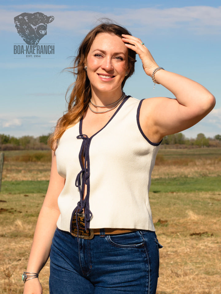 Navy & Neutral Front Tie V-Neck Vest