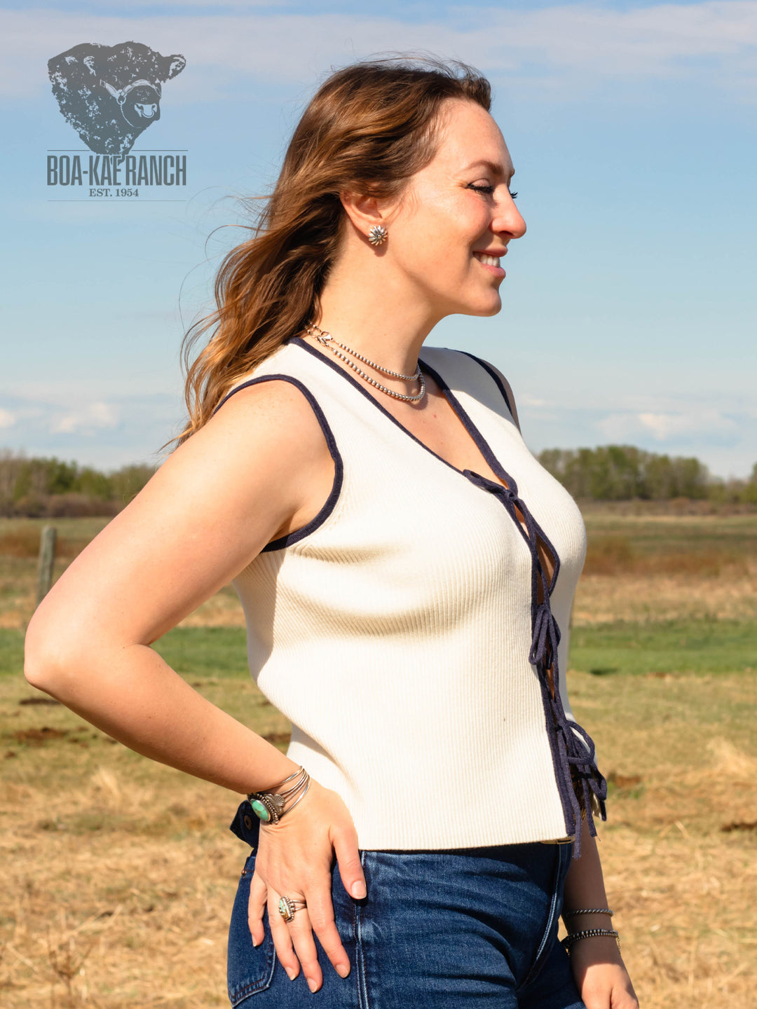 Navy & Neutral Front Tie V-Neck Vest