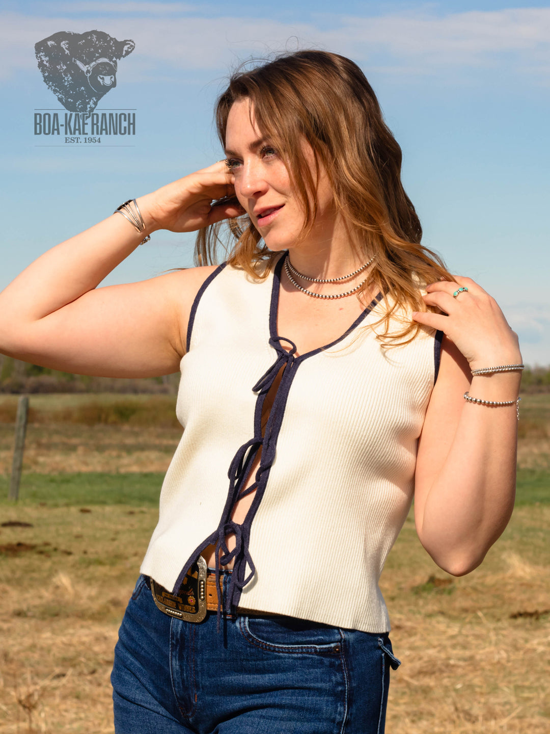 Navy & Neutral Front Tie V-Neck Vest