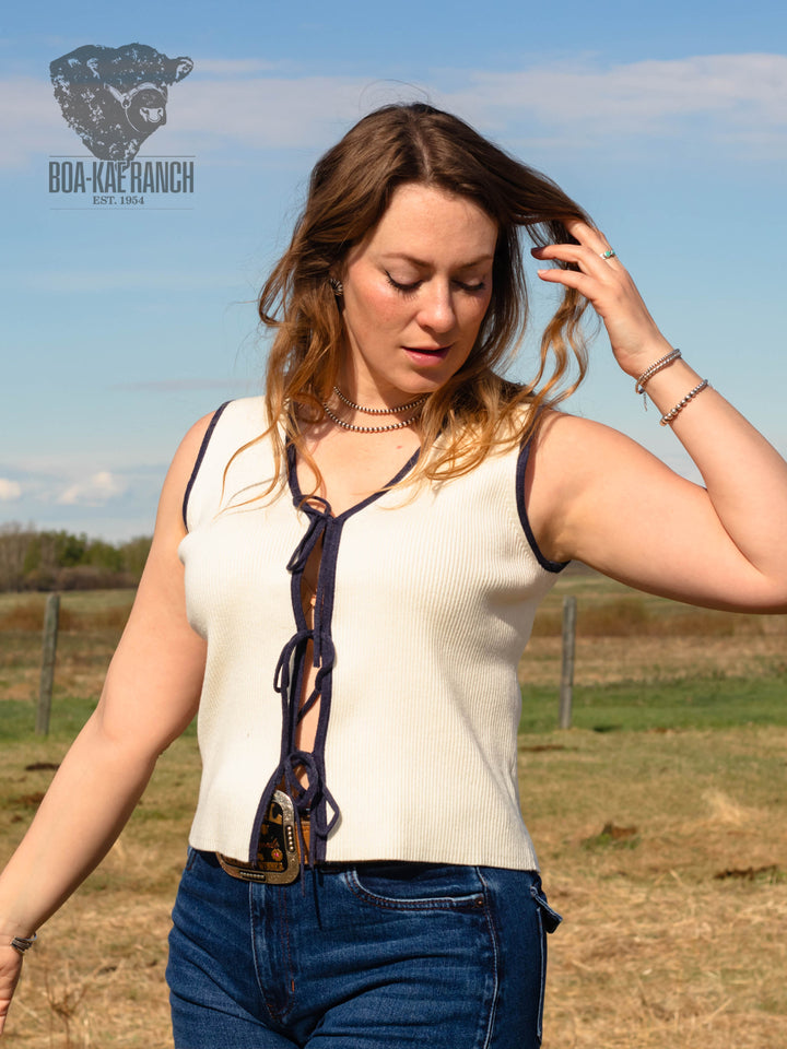 Navy & Neutral Front Tie V-Neck Vest