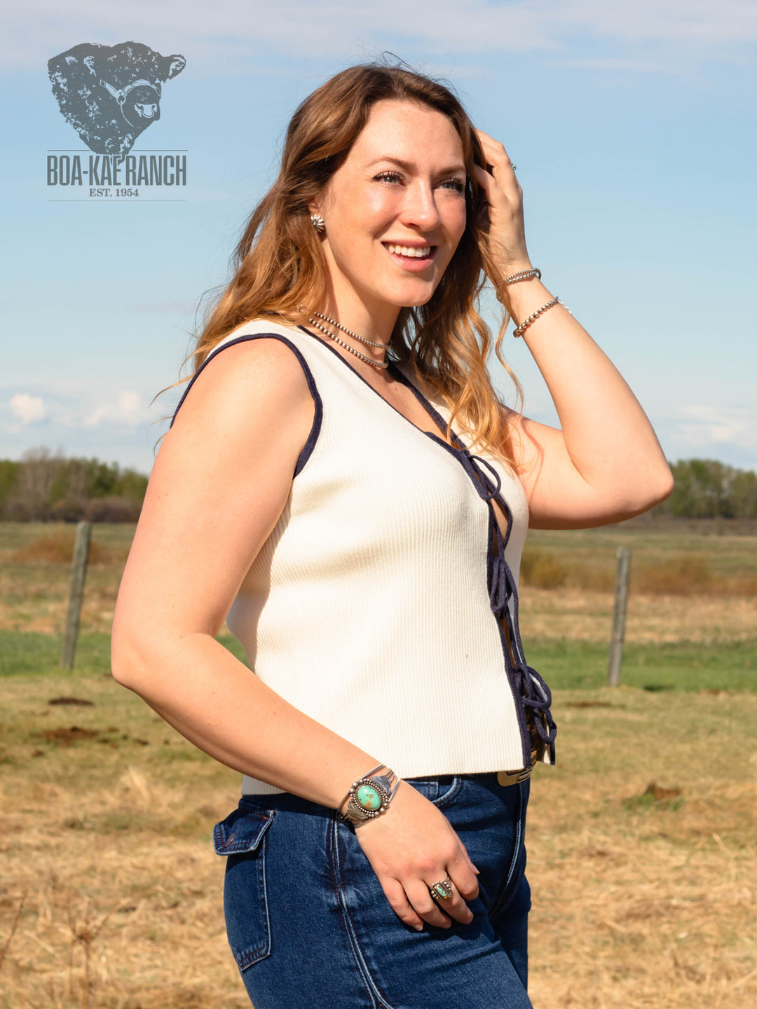 Navy & Neutral Front Tie V-Neck Vest