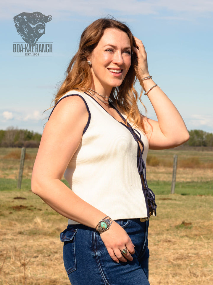 Navy & Neutral Front Tie V-Neck Vest