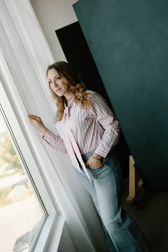 Pink & Blue Striped Bow Tie Shirt