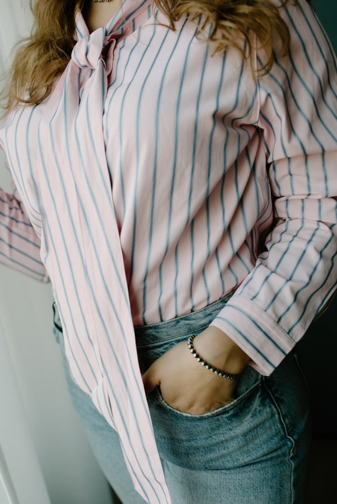 Pink & Blue Striped Bow Tie Shirt