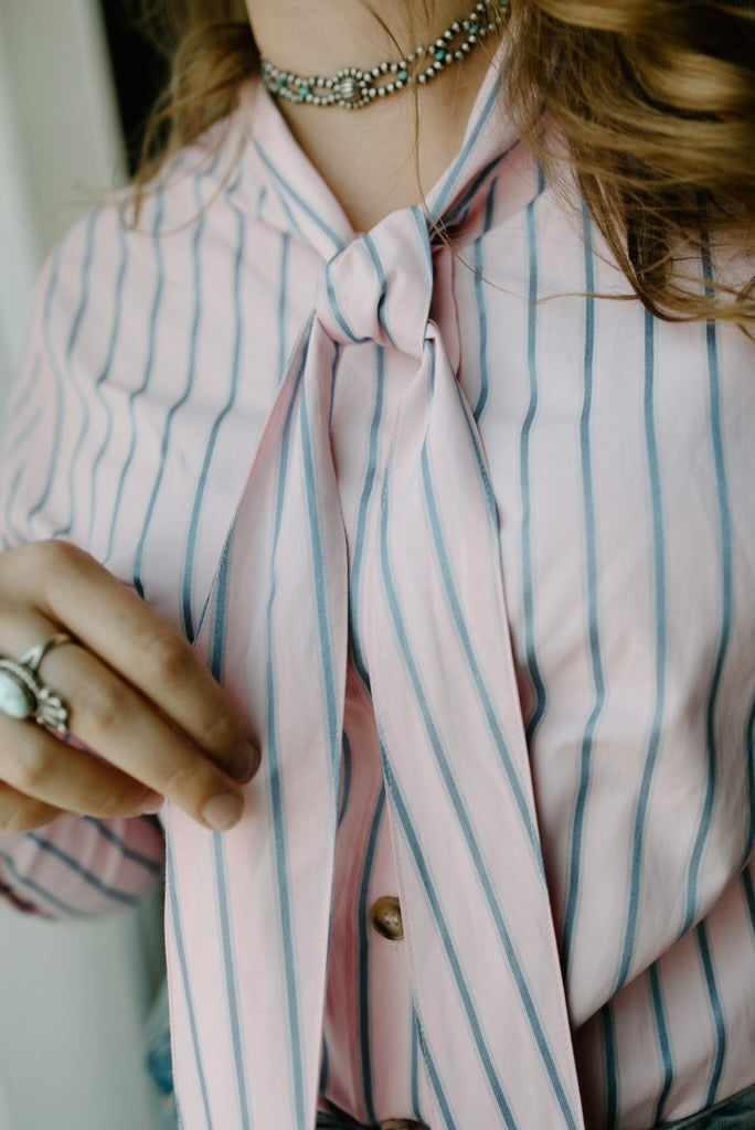Pink & Blue Striped Bow Tie Shirt