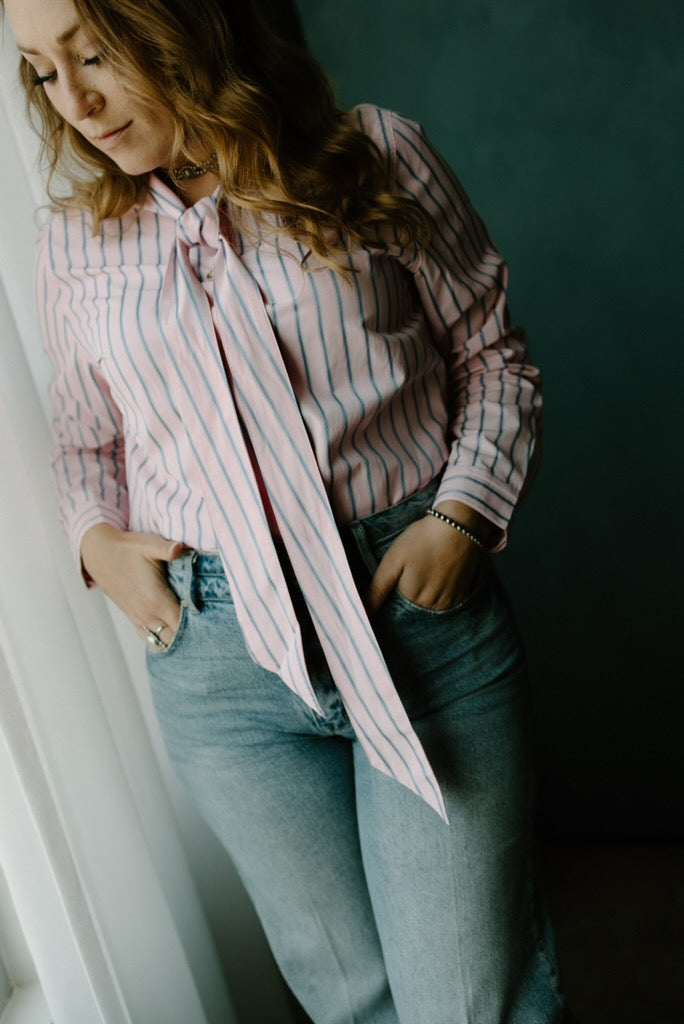 Pink & Blue Striped Bow Tie Shirt